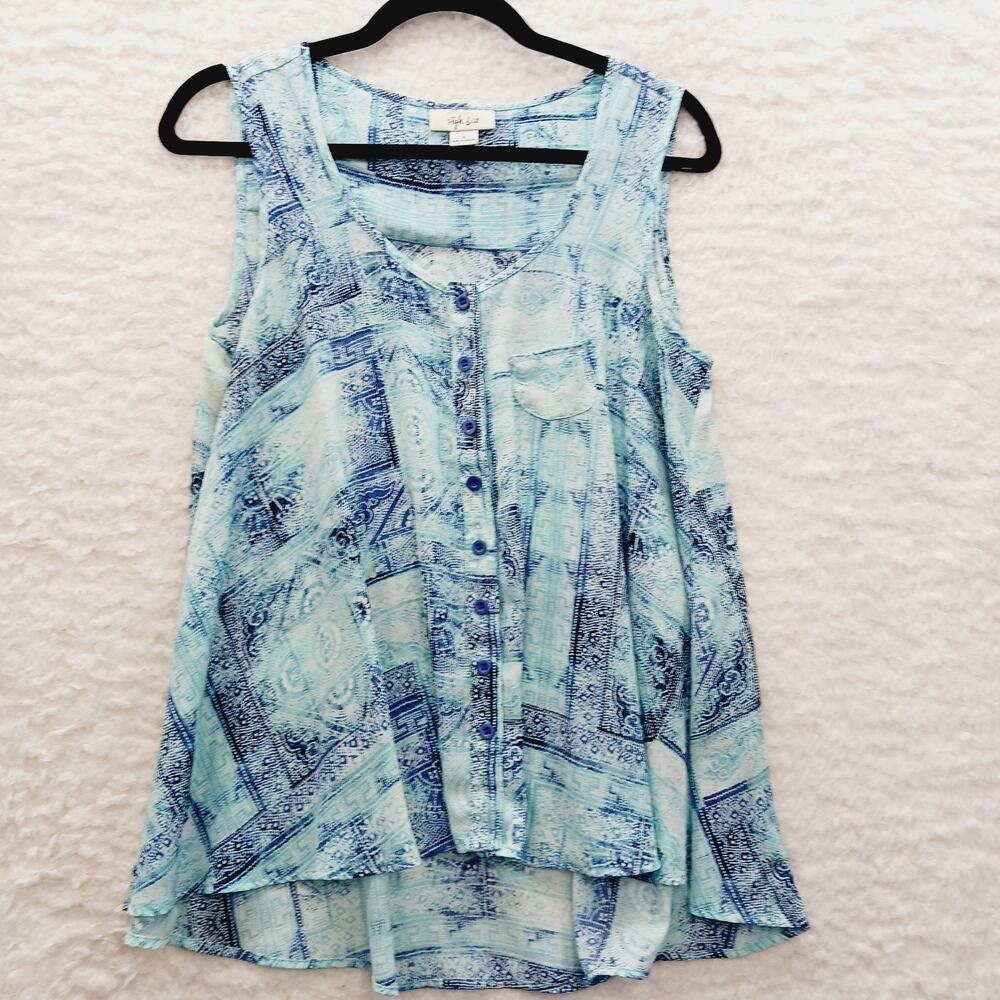 Blouse Navy Aqua Sleeveless Swing Resort Boho Casual Everyday Vacation Size S